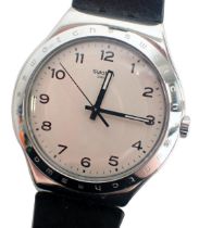 A Swatch gentleman's wristwatch, with a stainless steel outer case, and silvered numeric dial, on bl