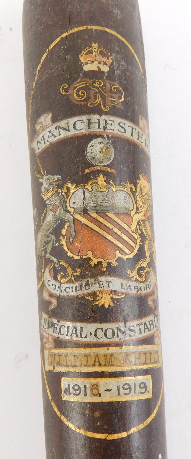 An early 20thC Manchester Special Constabulary truncheon, awarded to a William Child dated 1916-1919 - Image 2 of 4