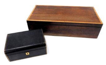 A 19thC mahogany and sycamore strung box, the hinged lid enclosing a tray, possibly for cutlery, 51c