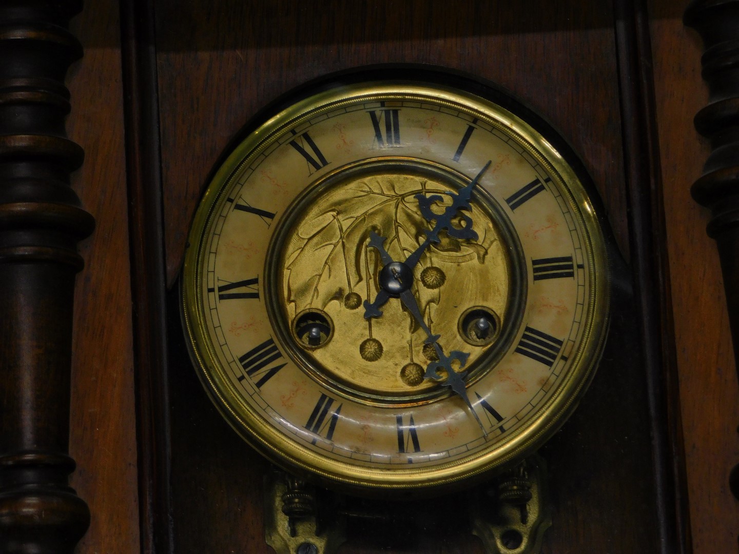 An early 20thC Vienna style wall clock in walnut case, with papered dial, 43cm high. (AF) - Image 2 of 3