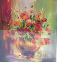 20thC School. Floral still life with poppies, oil on board, indistinctly signed, 45cm x 38cm.