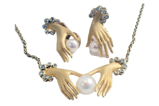 A diamond and cultured pearl Hans jewellery suite, each formed as hand holding cultured pearl with a - Image 1 of 2