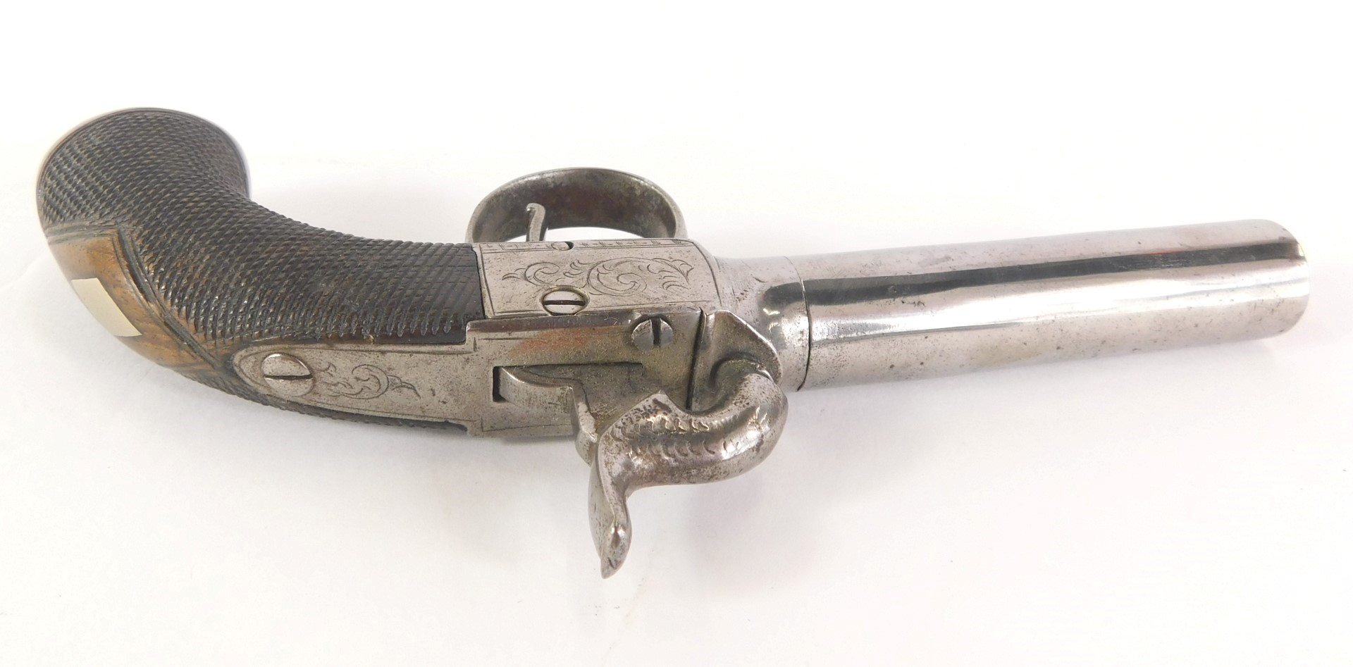 A pair of early 19thC pistols, each with a polished barrel, partly engraved and walnut stock, 19cm l - Image 5 of 8