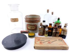 Various glass medicine bottles, decanter, ash tray, etc.