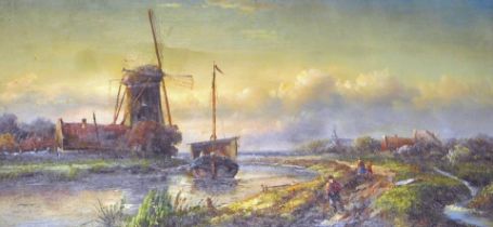 20thC School. Rural landscape with windmill, canal, etc., oil on board, 19cm x 40cm.