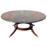 A Regency style circular extending dining table, with halo base, sabre legs and brass paw castors, 1