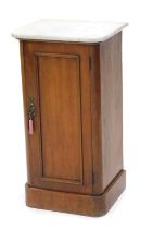 A Victorian mahogany pot cupboard, with a white marble top, and a panelled door with plinth, 76cm hi