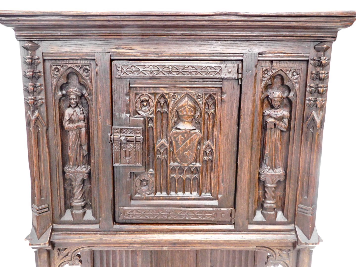 A 19thC oak carved Gothic cabinet, the rectangular top above a carved and frieze door, with two figu - Image 2 of 3