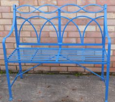 A blue painted Regency style wrought iron bench, 102cm wide.