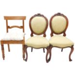 A pair of Victoria walnut balloon back chairs, each with a padded back and seat and another 19thC ch