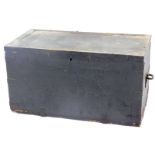 A black painted pine and metal bound tool chest, with recessed handles, 100cm wide.