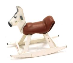 A white painted child's rocking horse, with padded leatherette seat, 69cm wide.