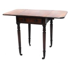 A 19thC mahogany work table, the rectangular top with two drop leaves above a frieze drawer, on turn