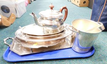 Silver plated wares, comprising ice bucket, serving trays, teapot with ebonised handle, etc. (1 tray