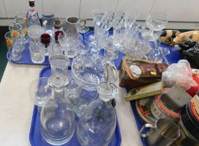 Various glassware, champagne flutes, sundae dishes, drinking glasses, sugar shaker, etc. (3 trays)