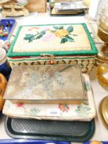 Rush sewing basket, toffee tin, etc. (1 tray)