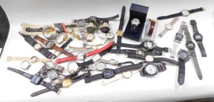 A quantity of ladies and gentleman's fashion watches, Reflex and others, opera glasses, etc. (1 box)