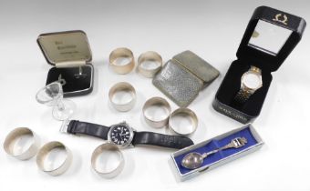 Fashion cuff links, hammered napkin rings, wristwatches, napkins, etc. (1 tray)