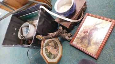 Small case, chamber pot, turned wooden lamp, small selection of books, etc. (1 box)