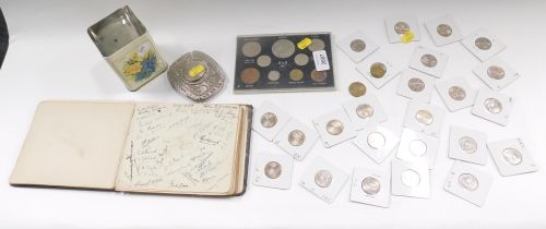 Coins and trinkets, comprising a 1930s one dollar buckle, various coins, coin pack, etc. (a quantity