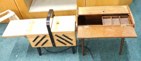 Two wooden sewing tables and contents.