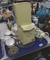 Two empty Coalport boxes, Colclough china part tea service, glass cake plate, wall clock, Masons tea