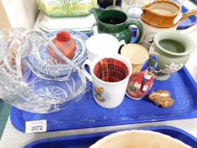 A group of ornaments, comprising Pendelfin mugs, green Wedgwood Jasperware vase, Denby frog, blue an