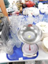 Decorative household glassware, drinking glasses, tumblers, weighing scales, etc. (3 trays)