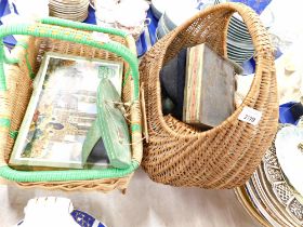 Two wicker carry baskets, a Chad Valley tin plate toy, conductors cap, model yacht, jigsaw, etc. (2)