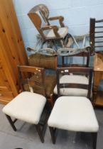 Assorted chairs, comprising a child's rocking chair, chequered chair, a set of three white seated ch