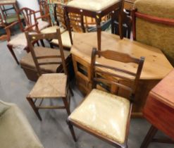 A pine corner TV stand, set of four mahogany dining chairs with boxwood inlay and gold upholstered s