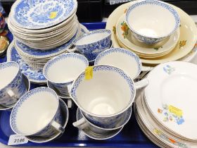 A blue and white part tea service, saucers, etc. (1 tray)