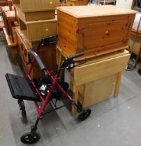 Assorted furniture, comprising drop leaf kitchen table, two drawer bedside, pine toy trunk, and a mo