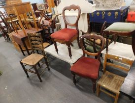 Two cabriole backed dining chairs, a pine child's chair, a painted reproduction coffee table, two ch