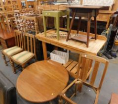 Assorted furniture, comprising a pine workman's bench, four chairs, tile topped table, bed table, ci