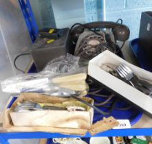 A vintage Bakelite cased telephone, small group of plated cutlery, Viners stainless steel cutlery, e