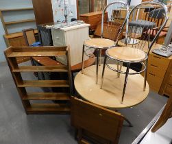 An oak bookshelf, melanine topped bistro table and two chairs, and two collapsible tables. (6)