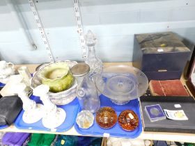 Household china and effects, Caithness engraved bowl, glass paperweights, cake plate, candlesticks,