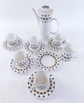 A retro hostess table ware black velvet coffee service, comprising coffee pot, milk jug, five cups,