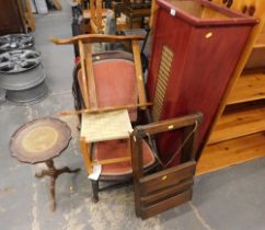 Assorted furniture, comprising a sled, nursing chair, stool, bookcase and wine table and stand. (6)