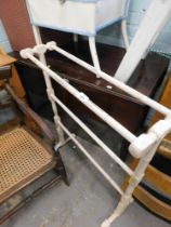 A mahogany drop leaf table, painted white towel rail and extending ladder. (3)
