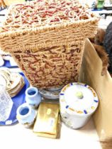 A wicker storage basket, cabinet plates, Royal Doulton eastern vases, pictures, etc. (a quantity)