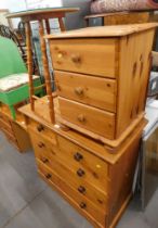 A pine chest of two short and three long drawers, pine bedside drawers, bar stool with gloss top. (3