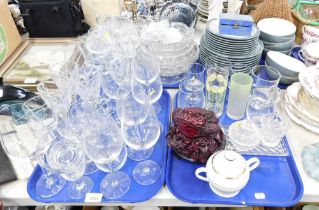 Household china and glassware, frog ornament, lemonade glasses, dressing table set, etc. (4 trays)