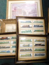 After Joey Gayman. London street scene, Cathedral scape in gilt frame, and three framed railway ciga