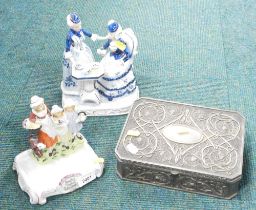 A reproduction Yardley's English lavender soap dish, continental porcelain blue and white figure gro