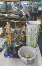 A wheatsheaf decorated umbrella stand, various decorative glassware, Oriental figure groups, etc. (a