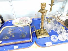 Various pressed and cut glassware, napkin rings, preserve pots, pair of candlesticks, glass duck ser