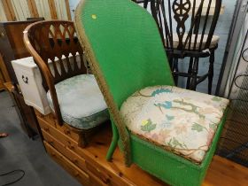 A basket weave green painted commode chair, a 1930s/40s walnut backed elbow chair, and a painted sto