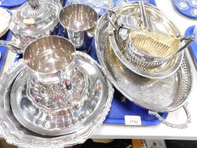 Silver plated wares, comprising tankard, pin dishes, serving trays, milk jug, etc. (1 tray)